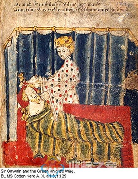 绿骑士之妻色诱高文爵士并赠送他绿色腰带，柯顿·尼禄手稿，14世纪后半叶，英国-图片版权归原作者所有